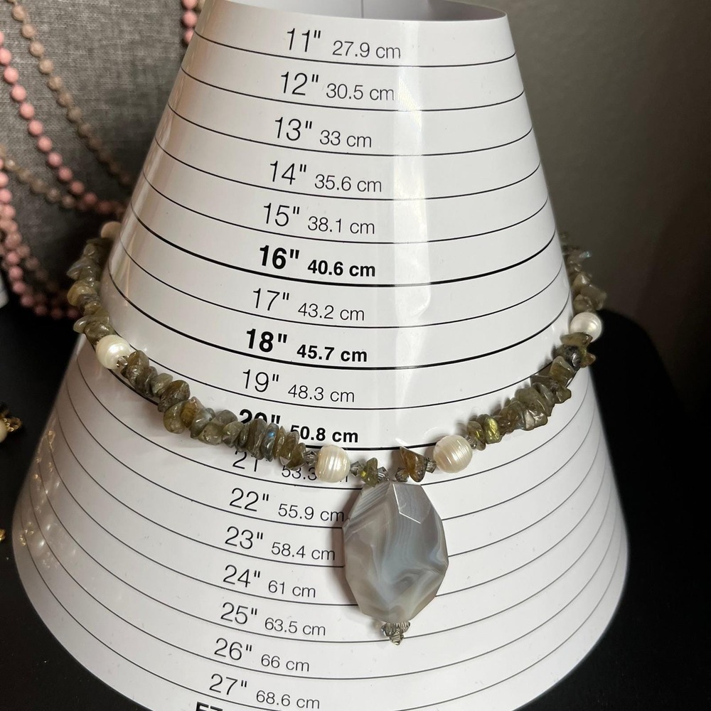 Vintage Gray Agate Pendant Necklace Labradorite Chip Beads Freshwater Pearls Y2K - Picture 8 of 8